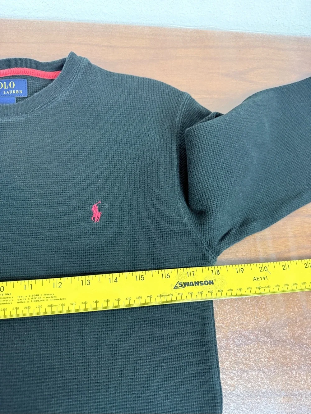 Polo Ralph Lauren Black Long-Sleeve Waffle Crew with Red Pony S